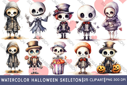 watercolor Halloween skeleton clipart