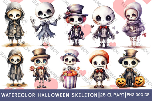 watercolor Halloween skeleton clipart