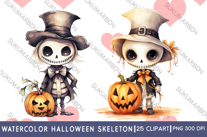 watercolor Halloween skeleton clipart