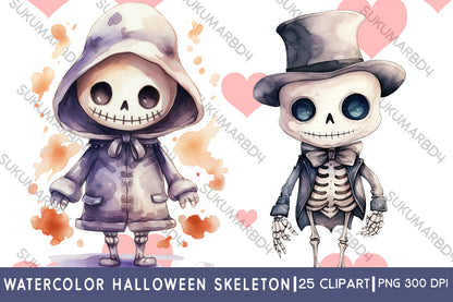 watercolor Halloween skeleton clipart