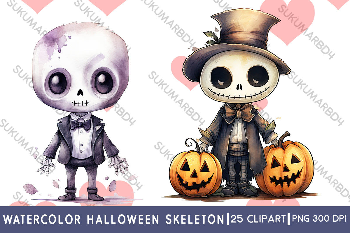 watercolor Halloween skeleton clipart