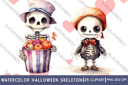 watercolor Halloween skeleton clipart