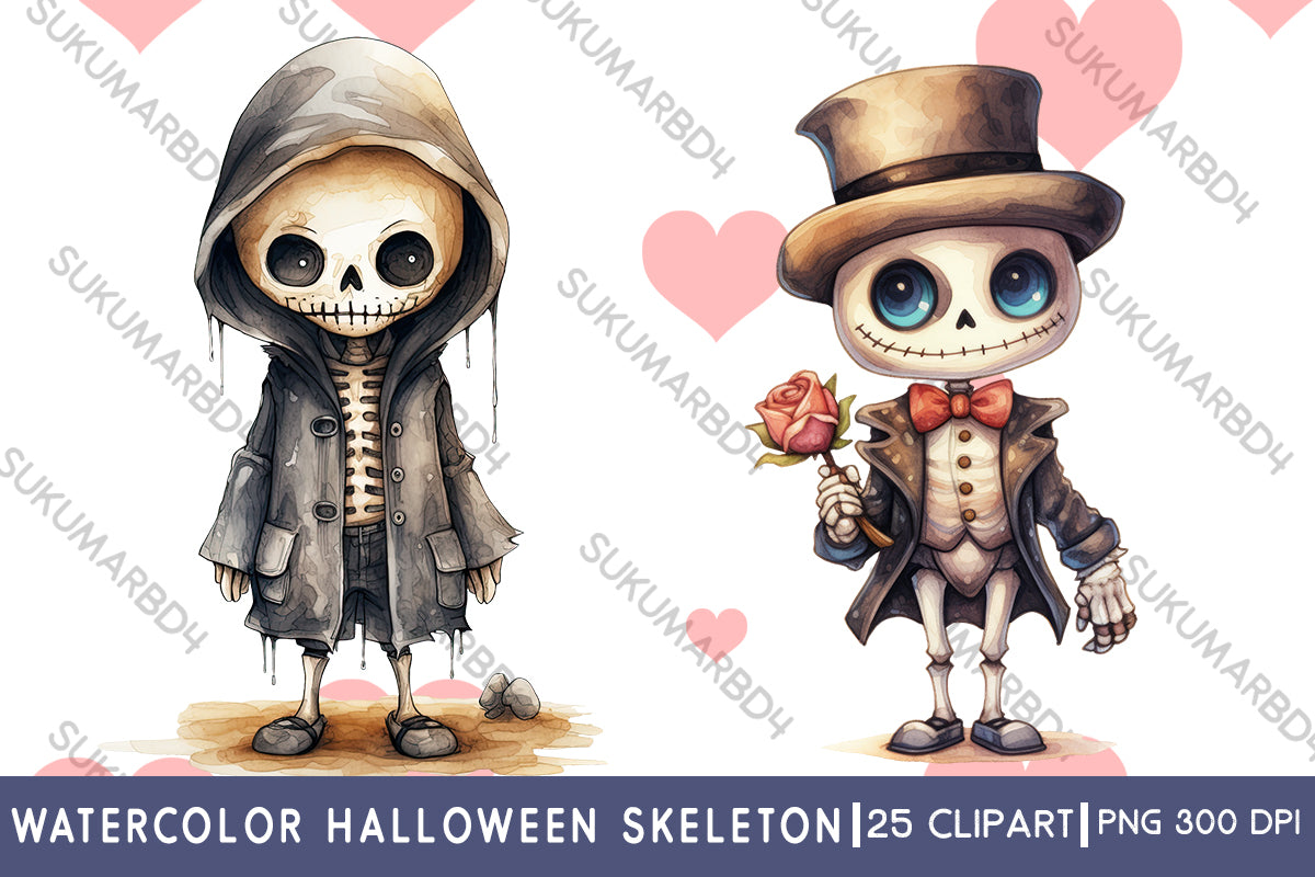 watercolor Halloween skeleton clipart