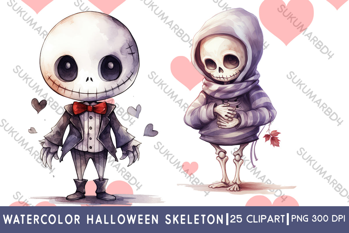 watercolor Halloween skeleton clipart