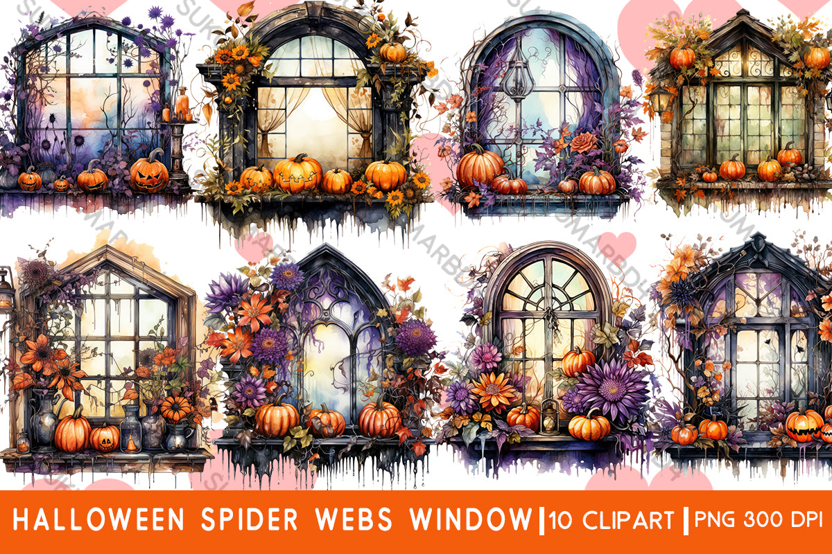 Watercolor Halloween spider webs window clipart