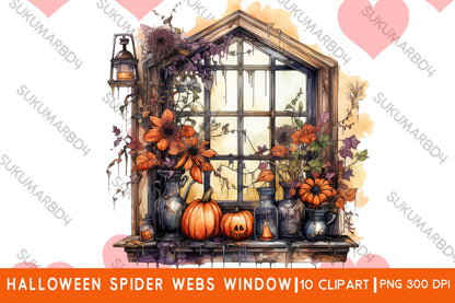 Watercolor Halloween spider webs window clipart