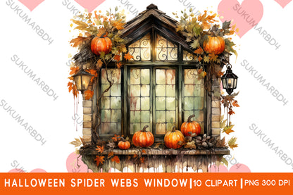 Watercolor Halloween spider webs window clipart