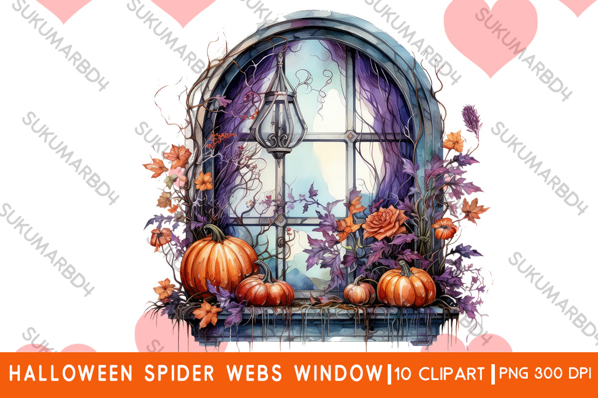 Watercolor Halloween spider webs window clipart