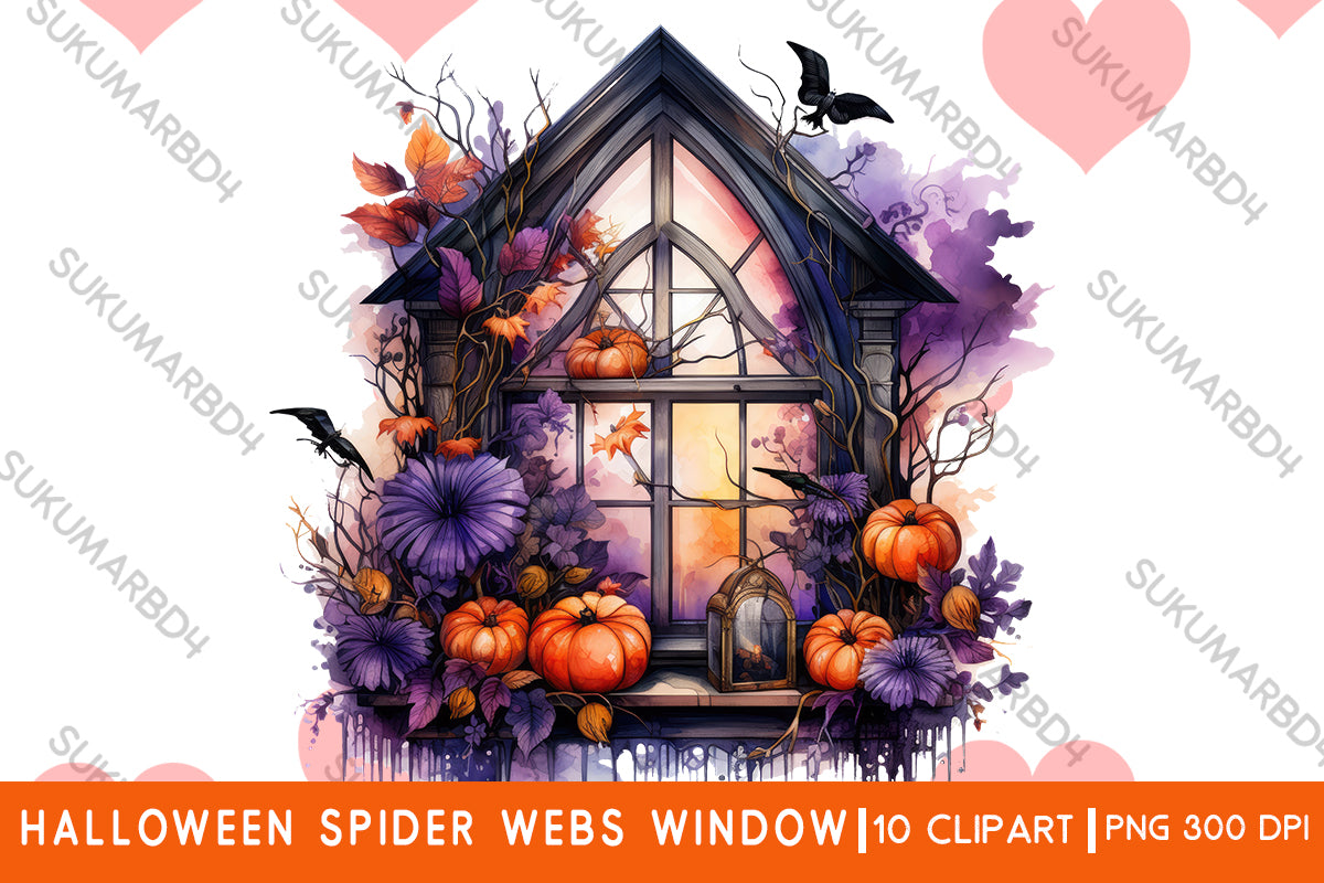 Watercolor Halloween spider webs window clipart