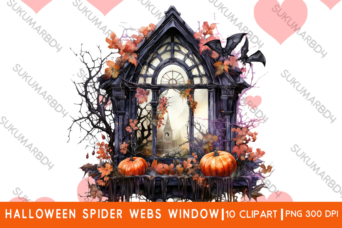 Watercolor Halloween spider webs window clipart