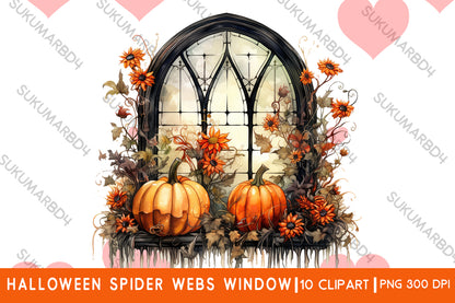 Watercolor Halloween spider webs window clipart