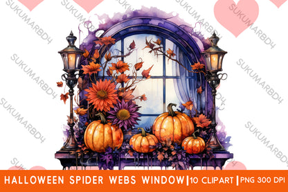 Watercolor Halloween spider webs window clipart