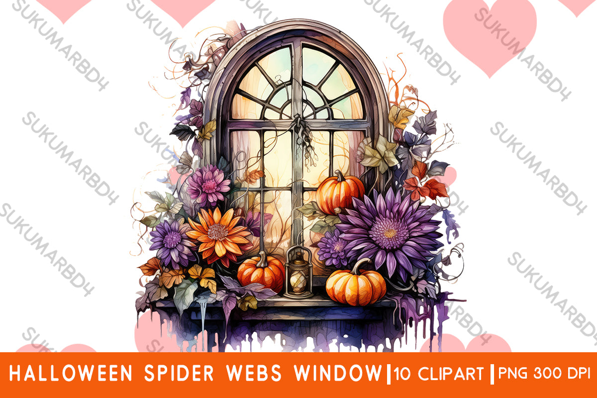 Watercolor Halloween spider webs window clipart