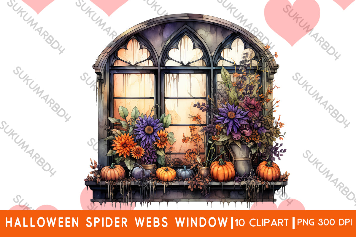 Watercolor Halloween spider webs window clipart