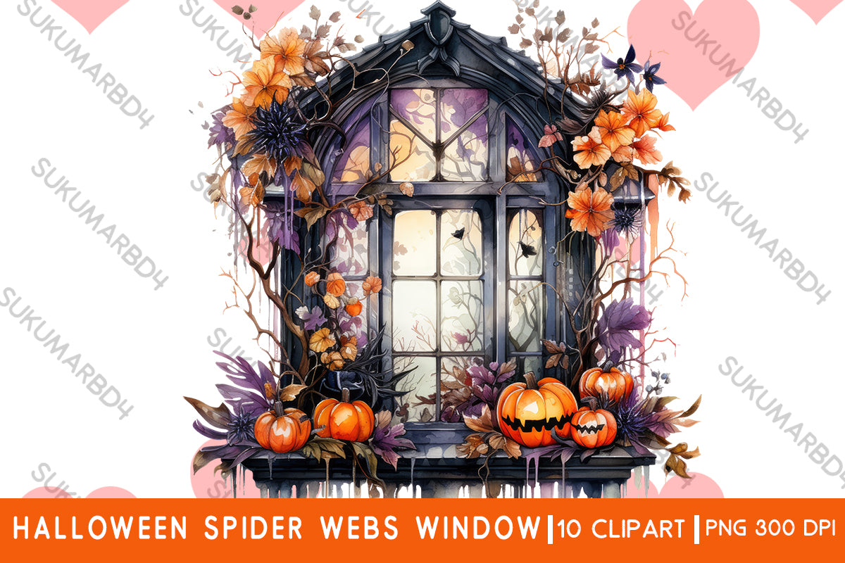 Watercolor Halloween spider webs window clipart