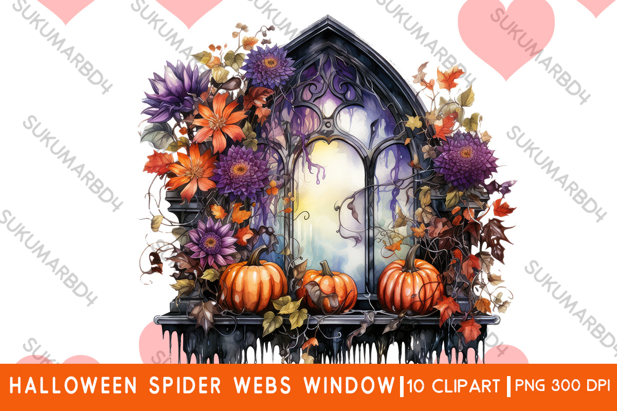 Watercolor Halloween spider webs window clipart