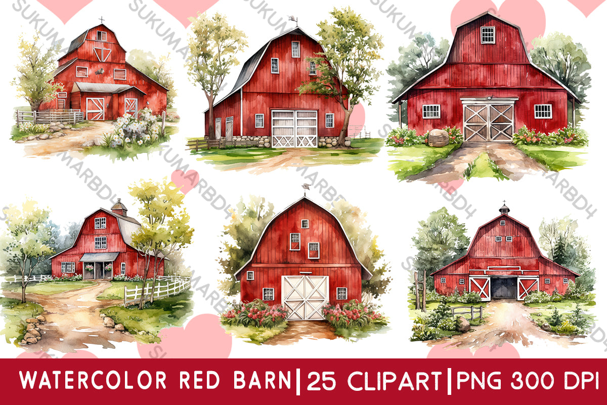 watercolor red barn clipart