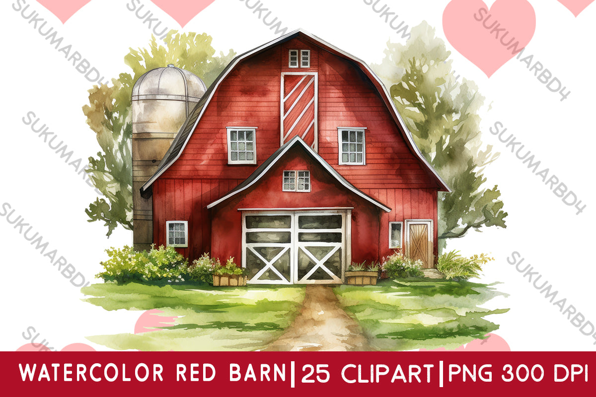 watercolor red barn clipart