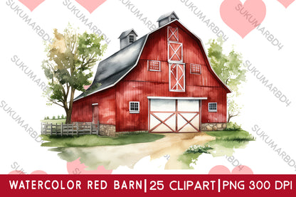 watercolor red barn clipart