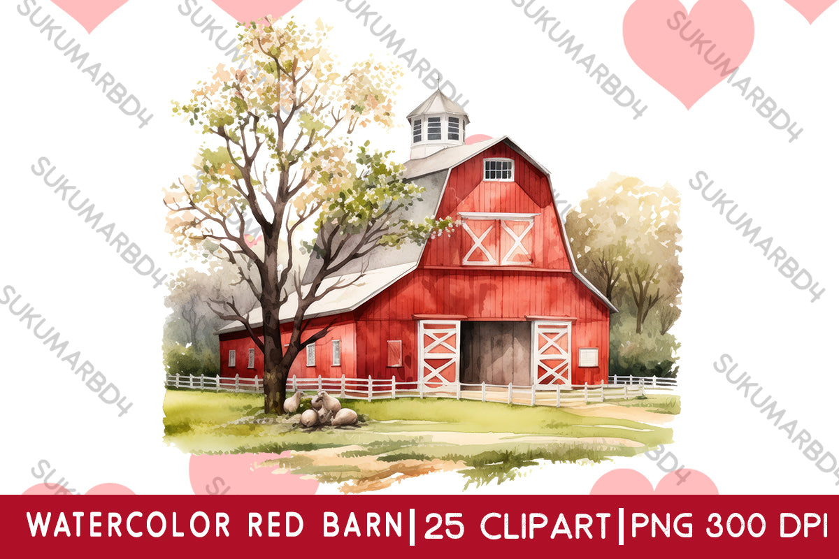 watercolor red barn clipart