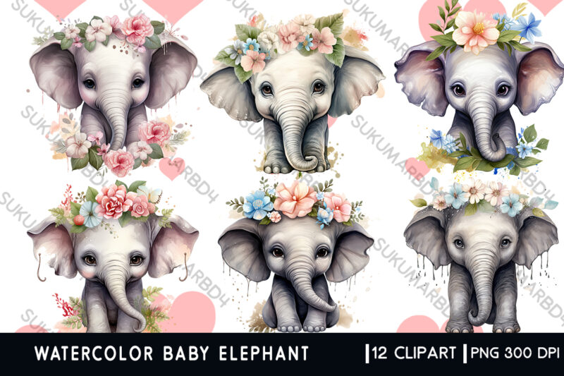 Watercolor Baby elephant clipart (1)